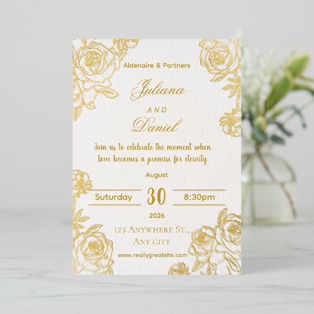 Elegant Gold Floral Wedding Invitation  (Standing Front)