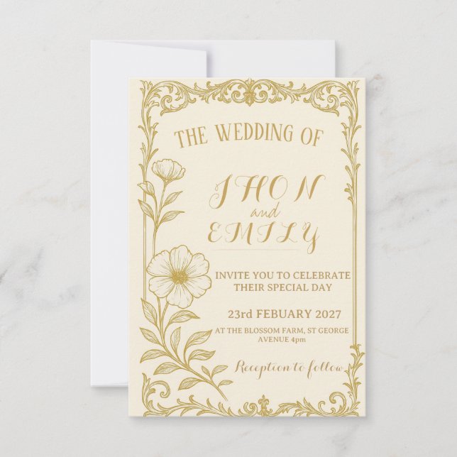 Elegant Gold Floral Wedding Invitation  (Front)