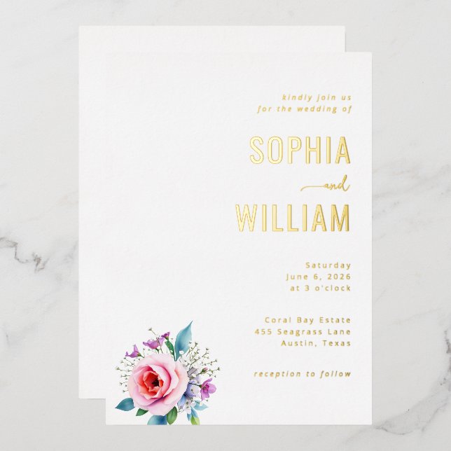 Elegant Gold Floral Wedding Invitation (Front/Back)