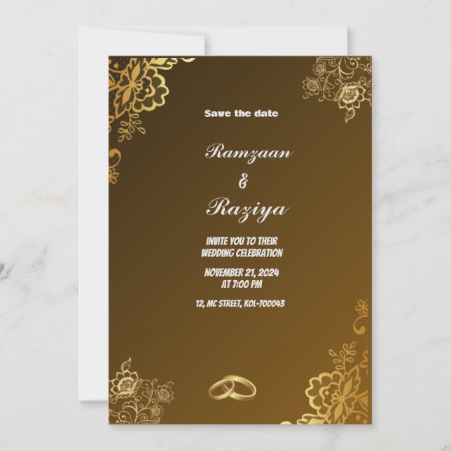 Elegant Gold Floral Wedding Invitation Card (Front)