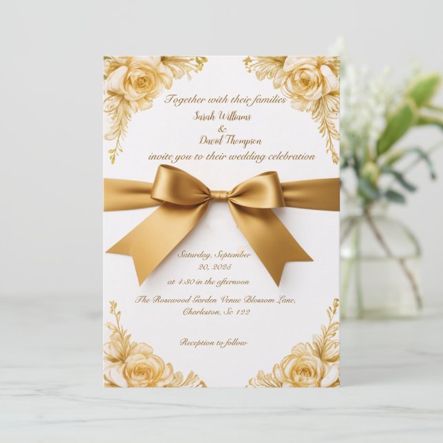 Elegant Gold Floral Wedding Invitation with Ribbon (Standing Front)
