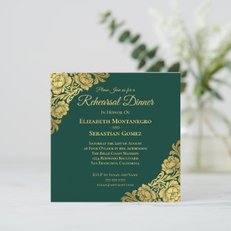 Elegant Gold Floral Wedding Rehearsal Dinner Invitation