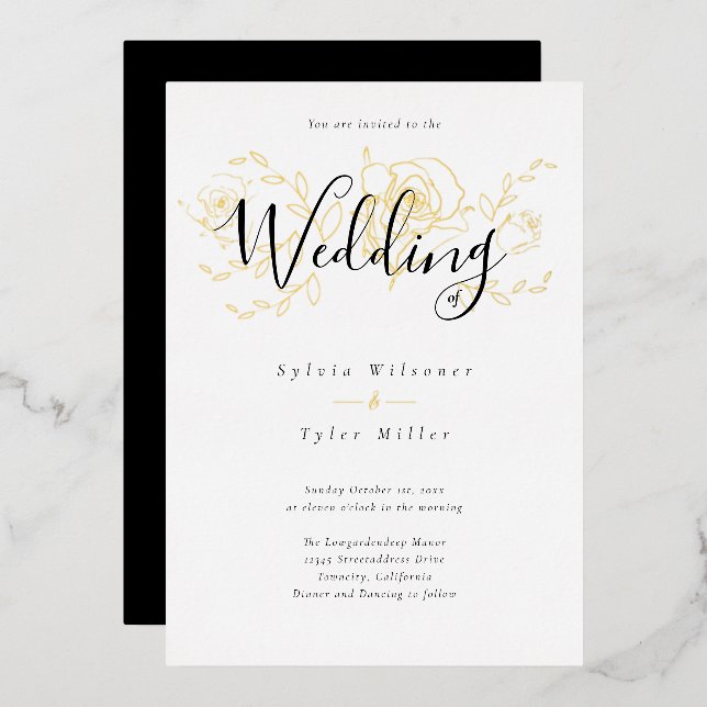 Elegant Gold Floral White Black Wedding (Front/Back)