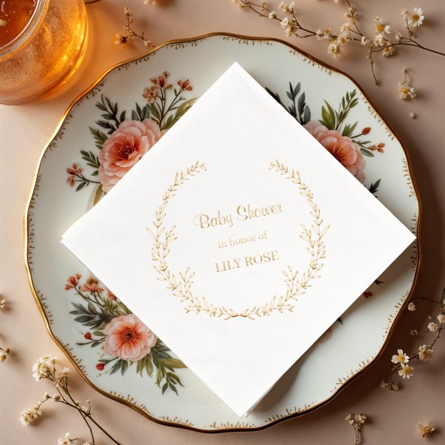 Elegant Gold Floral Wreat Baby Shower Party Supply Foil Napkins (Creator Uploaded)
