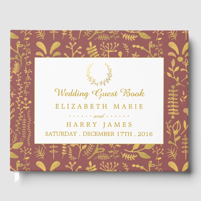Elegant Gold Floral Wreath Wedding Guest Book (Front)
