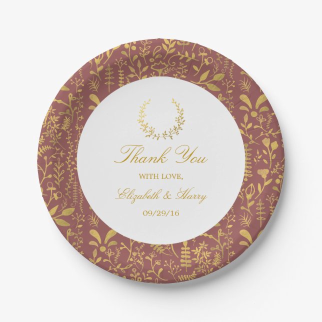 Elegant Gold Floral Wreath Wedding Paper Plate (Front)