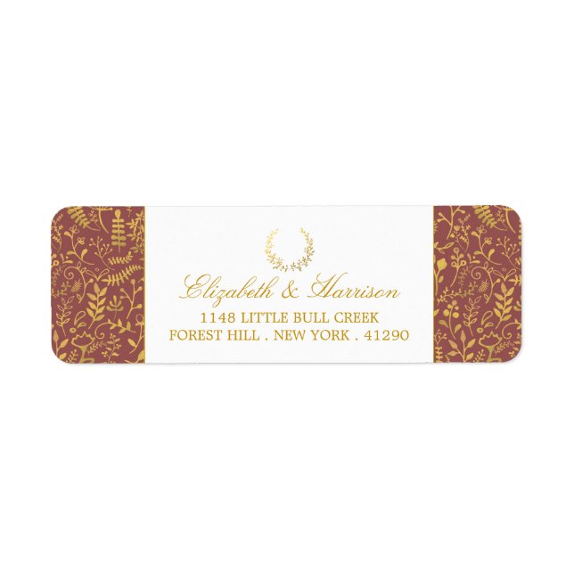 Elegant Gold Floral Wreath Wedding Return Address Label (Front)
