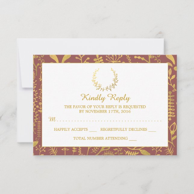 Elegant Gold Floral Wreath Wedding RSVP (Front)