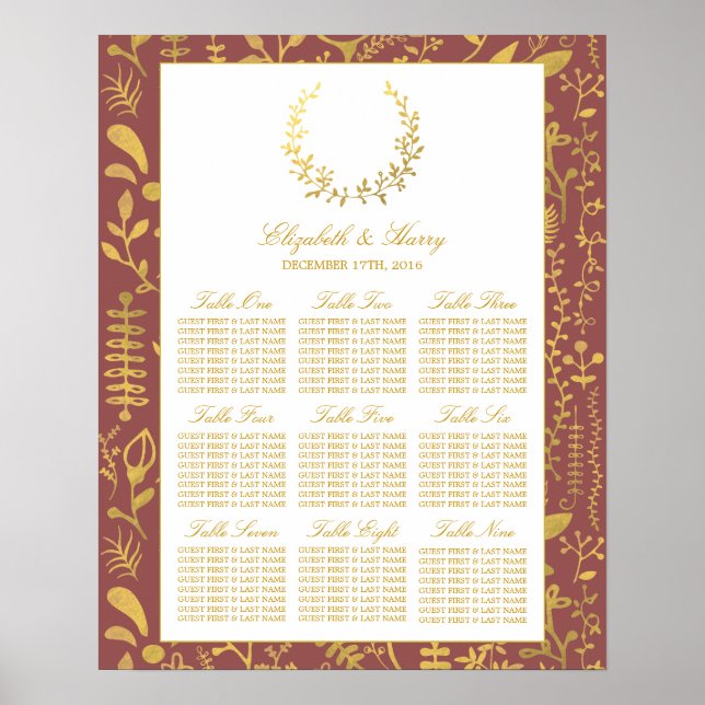 Elegant Gold Floral Wreath Wedding Seating Chart (Front)