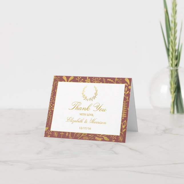 Elegant Gold Floral Wreath Wedding Thank You Card (Front)