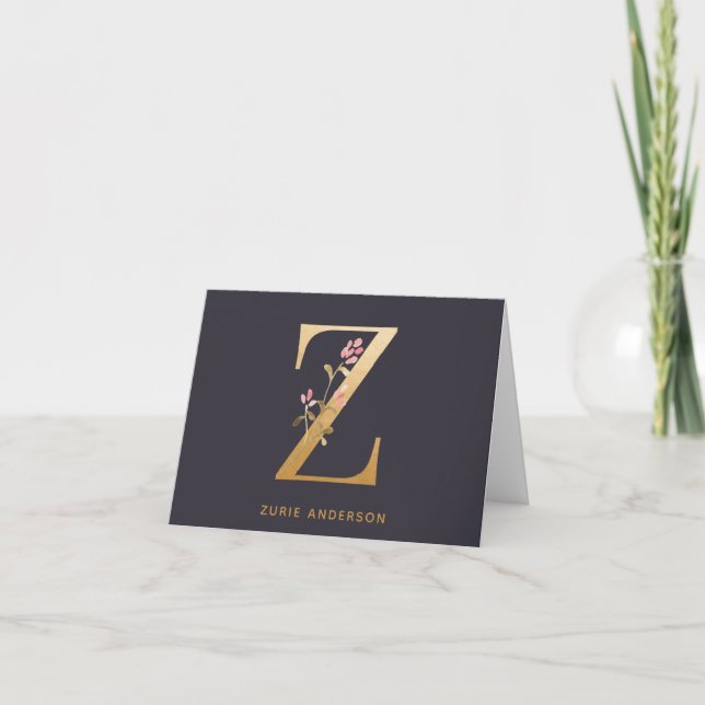 Elegant Gold Floral Z Monogram Chic Personalised Note Card (Front)