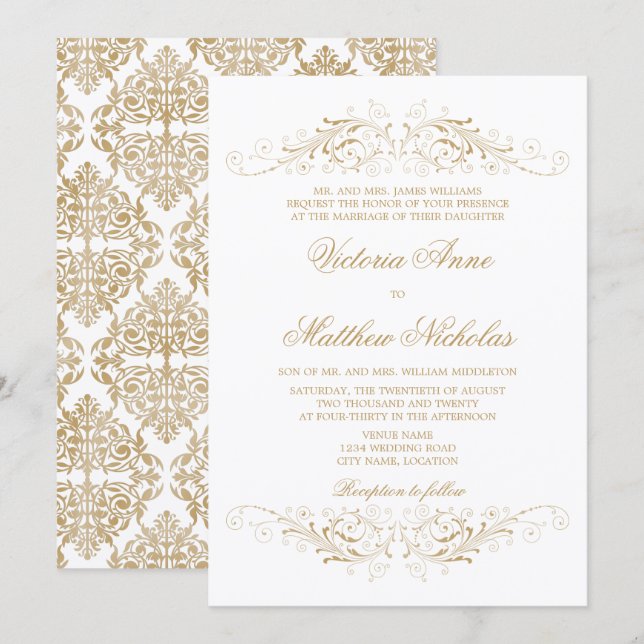 Elegant Gold Flourish and Damask Invitation (Front/Back)