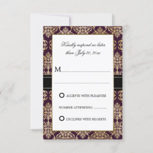 Elegant Gold Flourish Damask Eggplant RSVP Card