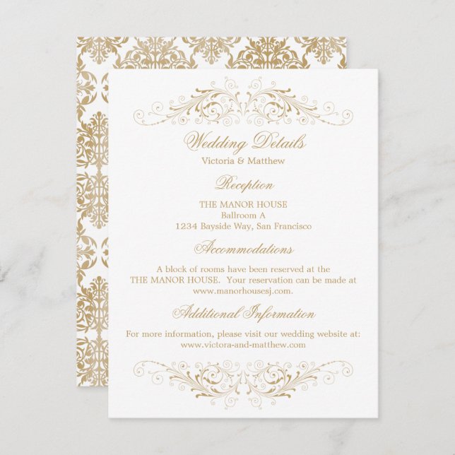 Elegant Gold Flourish Damask Wedding Details Invitation (Front/Back)