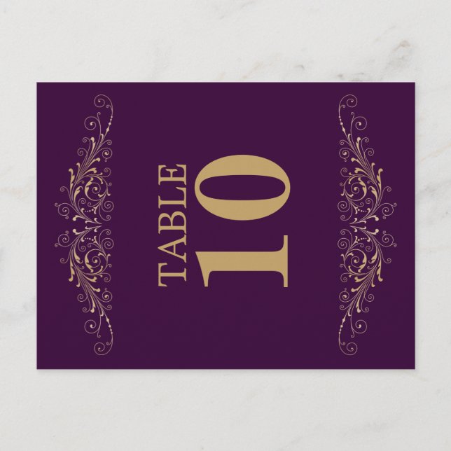Elegant Gold Flourish Eggplant Table Number Postcard (Front)
