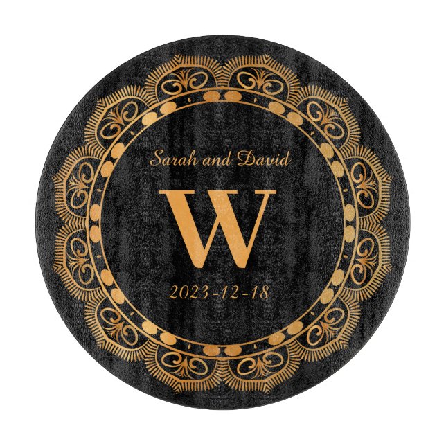 Elegant Gold Flourish Monogram Wedding Anniversary Cutting Board (Front)