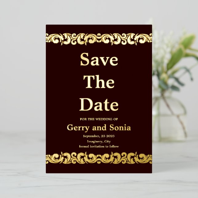 Elegant Gold Flourish Wedding Foil Save The Date  (Standing Front)