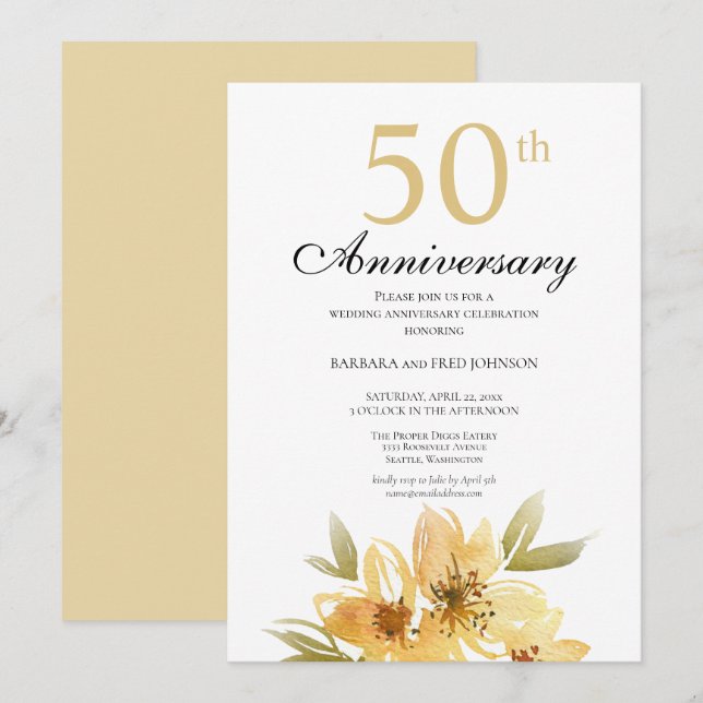 Elegant Gold Flower 50th Anniversary Party Invitat Invitation (Front/Back)