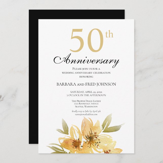 Elegant Gold Flower 50th Anniversary Party Invitation (Front/Back)