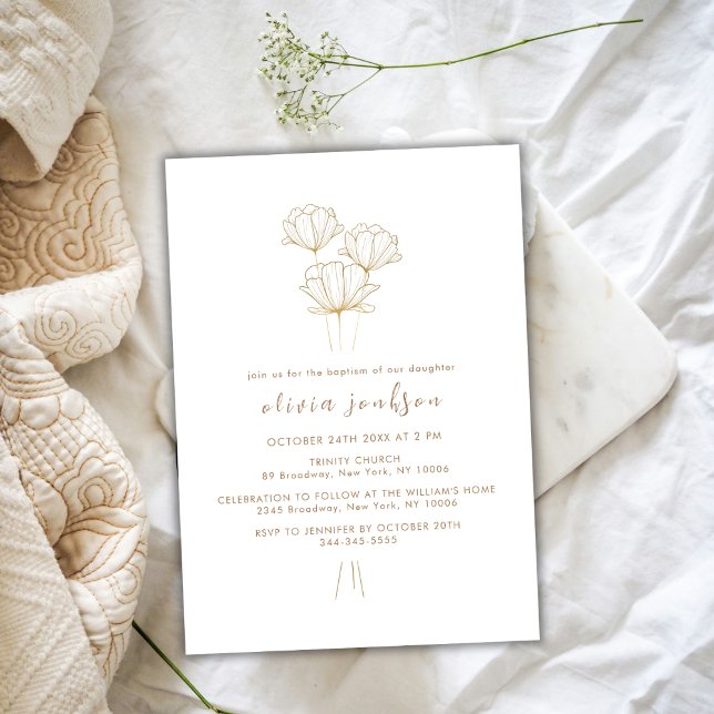 Elegant Gold Flower Christening Girl Baptism  Invitation (Elegant Gold Flower Christening Girl Baptism Invitation)