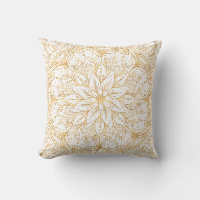 Elegant Gold Flower Mandala White Design Cushion (Front)