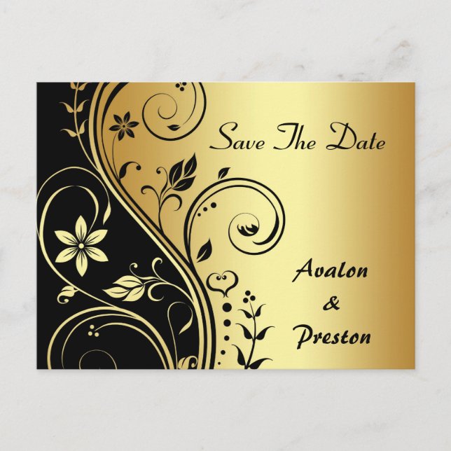 Elegant Gold Flower Scrollwork Save The Date Card (Front)