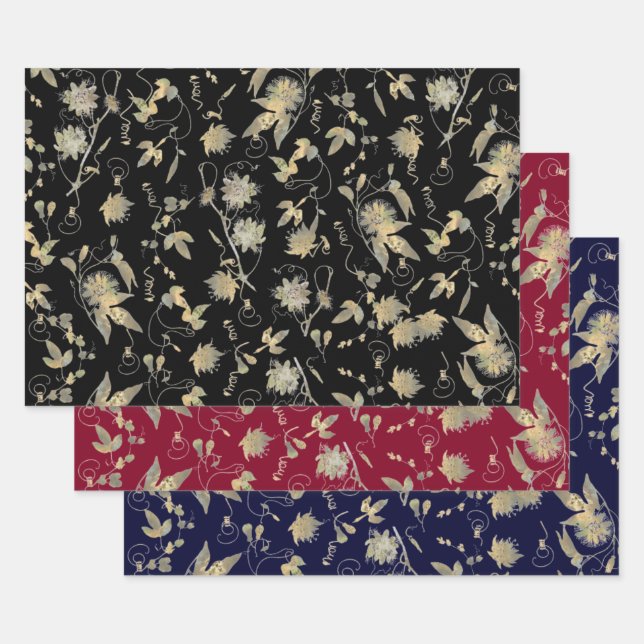 Elegant Gold Flowers Black Burgundy Navy Wrapping Paper Sheet (Set)