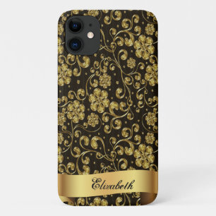 Elegant Gold Flowers,Black -Personalised iPhone 11 Case