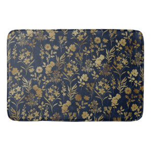 Elegant Gold Flowers Blue Botanical Bath Mat