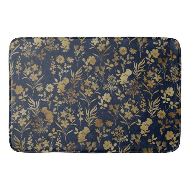 Elegant Gold Flowers Blue Botanical Bath Mat (Front)