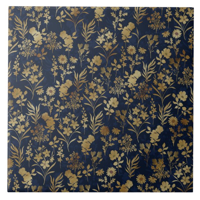 Elegant Gold Flowers Blue Botanical Ceramic Tile (Front)