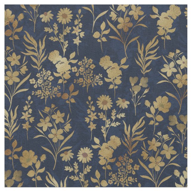 Elegant Gold Flowers Blue Botanical Fabric (Close Up)