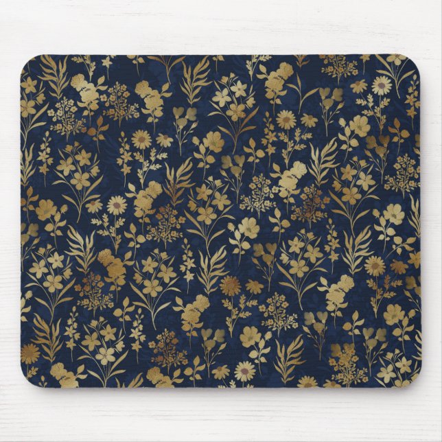 Elegant Gold Flowers Blue Botanical Mouse Pad (Front)