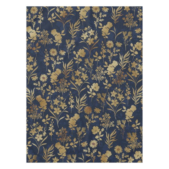 Elegant Gold Flowers Blue Botanical Tablecloth (Front)