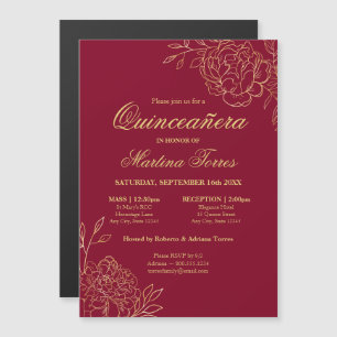 Elegant Gold Flowers Burgundy Floral Quinceanera Magnetic Invitation