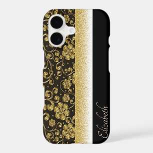 Elegant Gold Flowers,Glitter,Black-Personalised