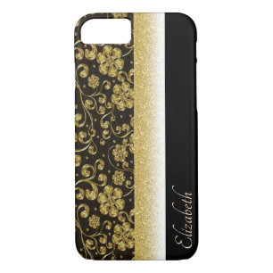 Elegant Gold Flowers,Glitter,Black-Personalised iPhone 8/7 Case