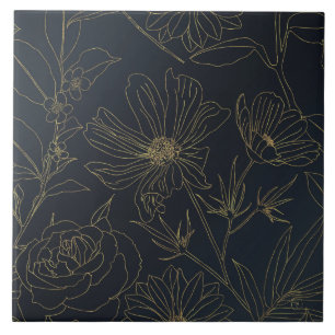 Elegant Gold Flowers outlines Blue gradient design Ceramic Tile