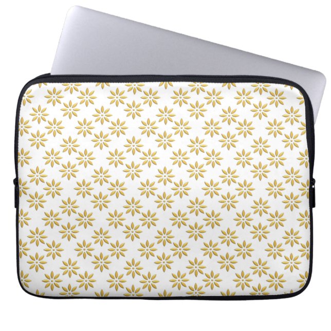 Elegant gold flowers pattern white laptop sleeve (Front)