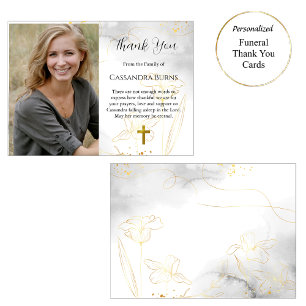 Elegant Gold Flowers Photo Funeral   Thank You Card