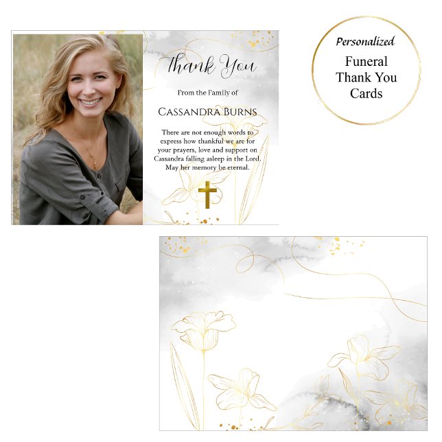 Elegant Gold Flowers Photo Funeral   Thank You Card (Creator Uploaded)