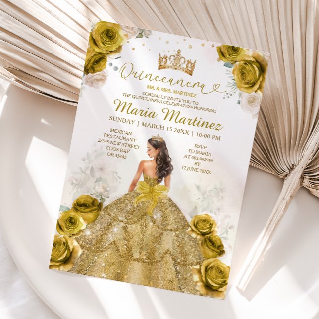 Elegant Gold Flowers Princess Dress Quinceañera Invitation (Creator Uploaded)