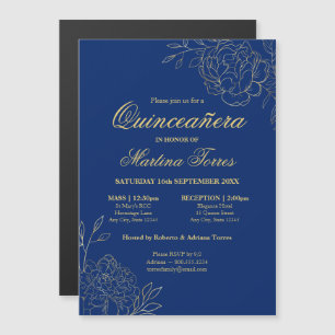 Elegant Gold Flowers Royal Blue Floral Quinceanera Magnetic Invitation