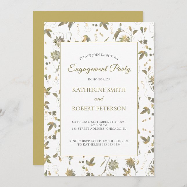 Elegant Gold Flowers Vine Engagement Invitation (Front/Back)