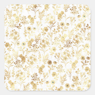 Elegant Gold Flowers White Botanical Square Sticker