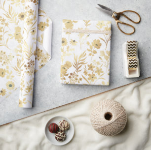 Elegant Gold Flowers White Botanical Wrapping Paper