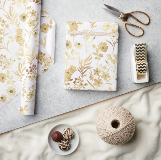 Elegant Gold Flowers White Botanical Wrapping Paper (Crafts)