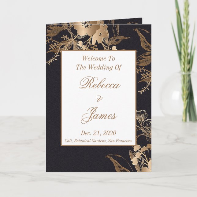 Elegant Gold Flowery Roses Buds Wedding Folded Program (Front)