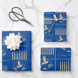 Elegant Gold Flying Dove Menorah Blue Hannukah Wra Wrapping Paper Sheet