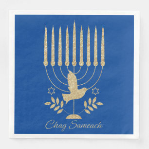 Elegant Gold Flying Dove Menorah Blue Hanukkah Napkin